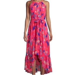 Vince Camuto Pink Coral Floral Printed Chiffon Halter High-Low Dress Size 6P